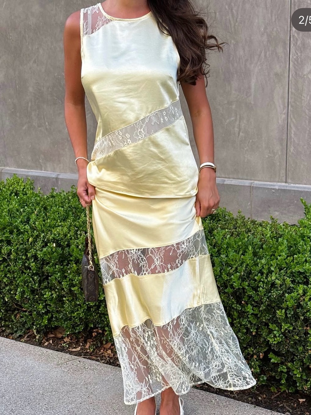 Sleeveless Butter Yellow Lace-Panel Satin Maxi Set